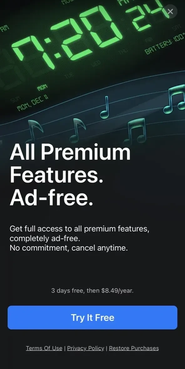 Alarm Clock HD paywall screen