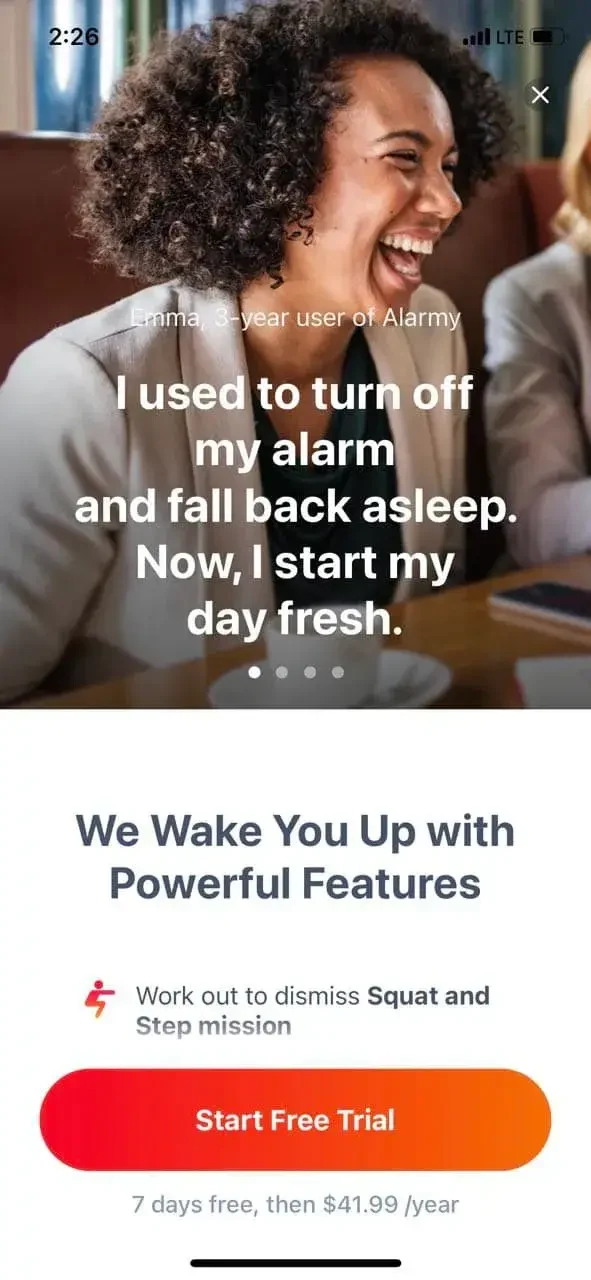 Alarmy paywall screen