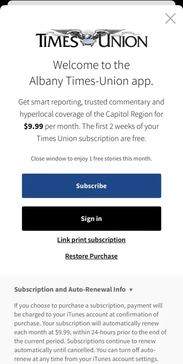 Albany Times Union News paywall screen