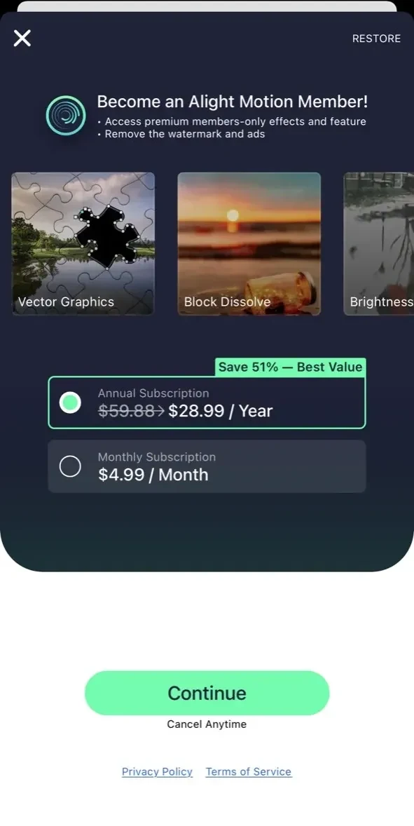 Alight Motion paywall screen