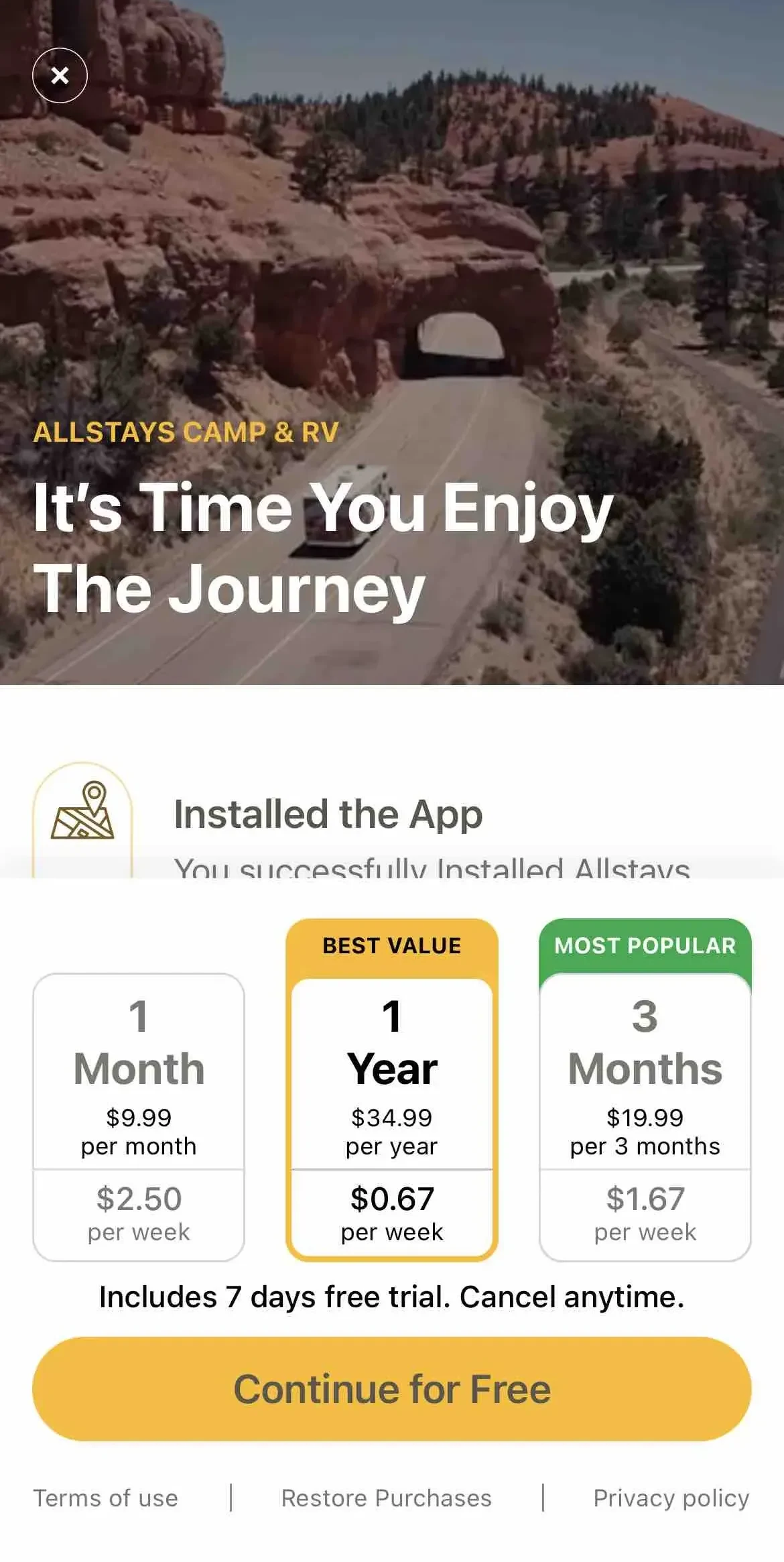 AllStays Camp & RV paywall screen