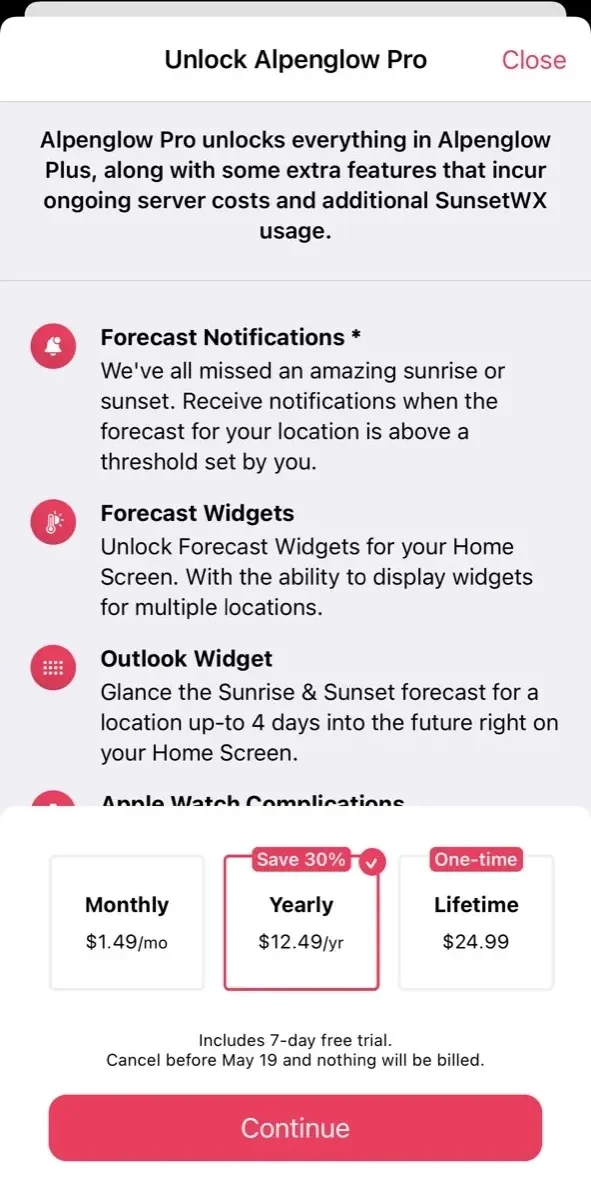 Alpenglow paywall screen