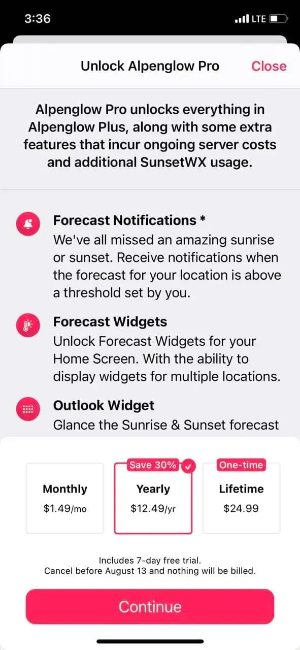 Alpenglow paywall screen