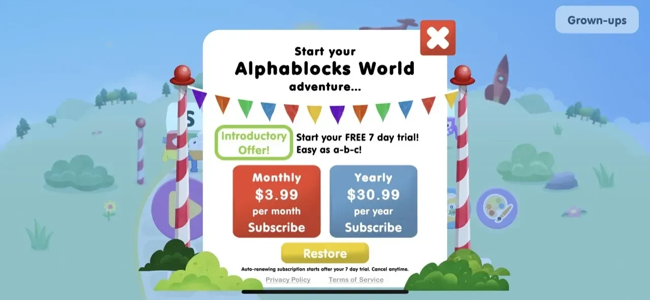Alphablocks paywall screen