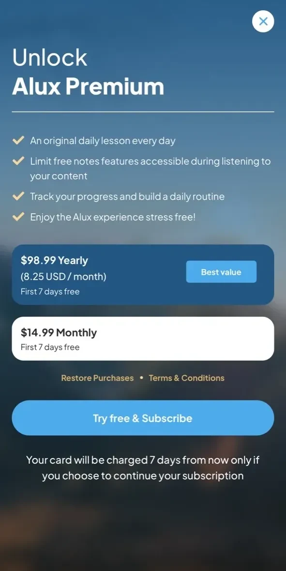 Alux paywall screen