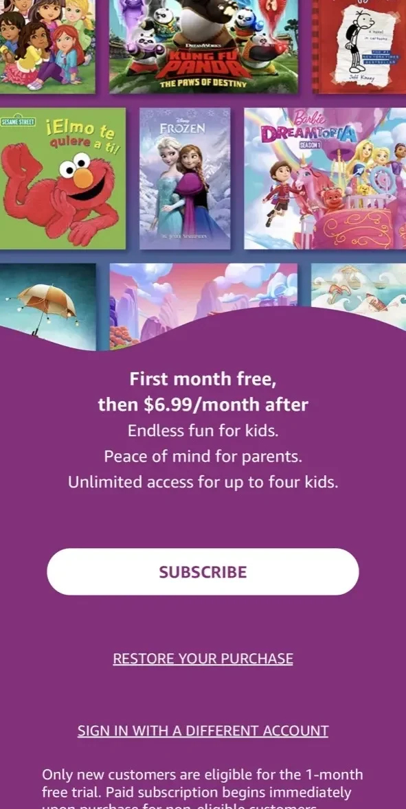 Amazon Kids+ paywall screen