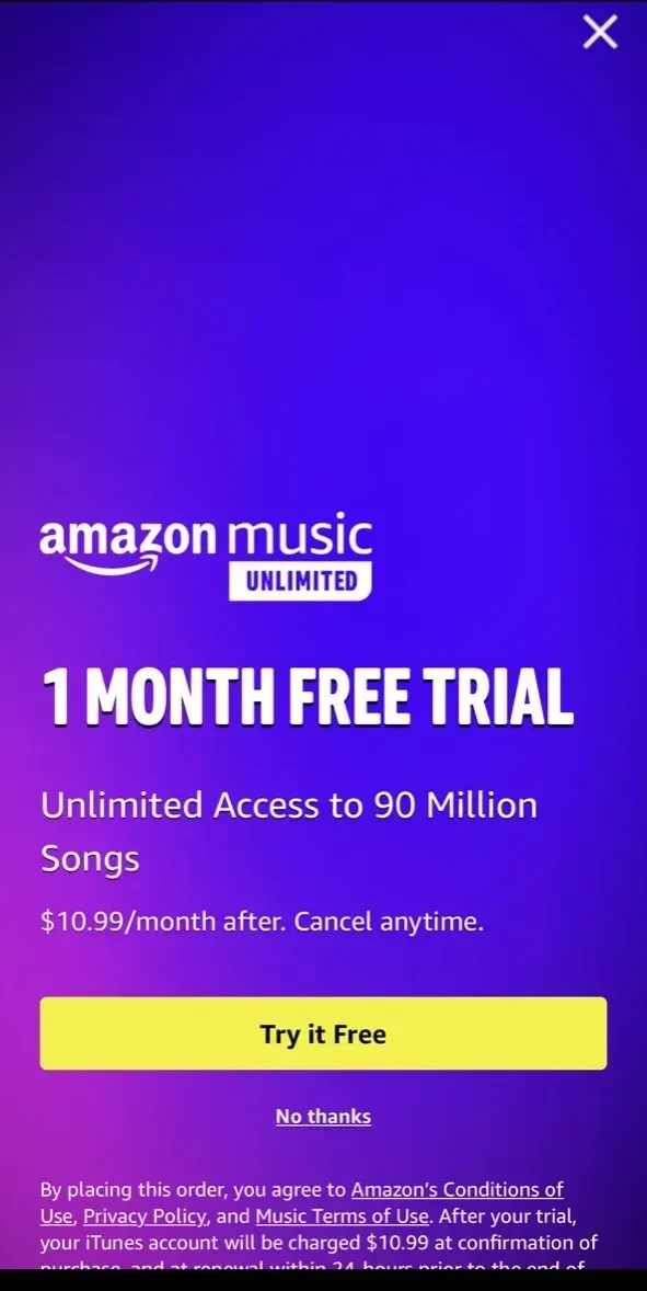 Amazon Music paywall screen