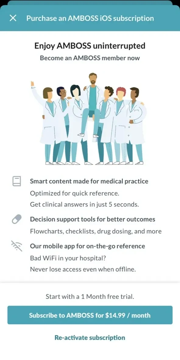 AMBOSS Medical Knowledge paywall screen