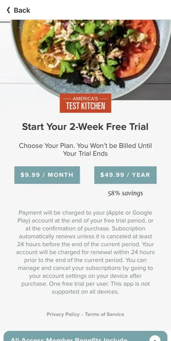 America's Test Kitchen paywall screen