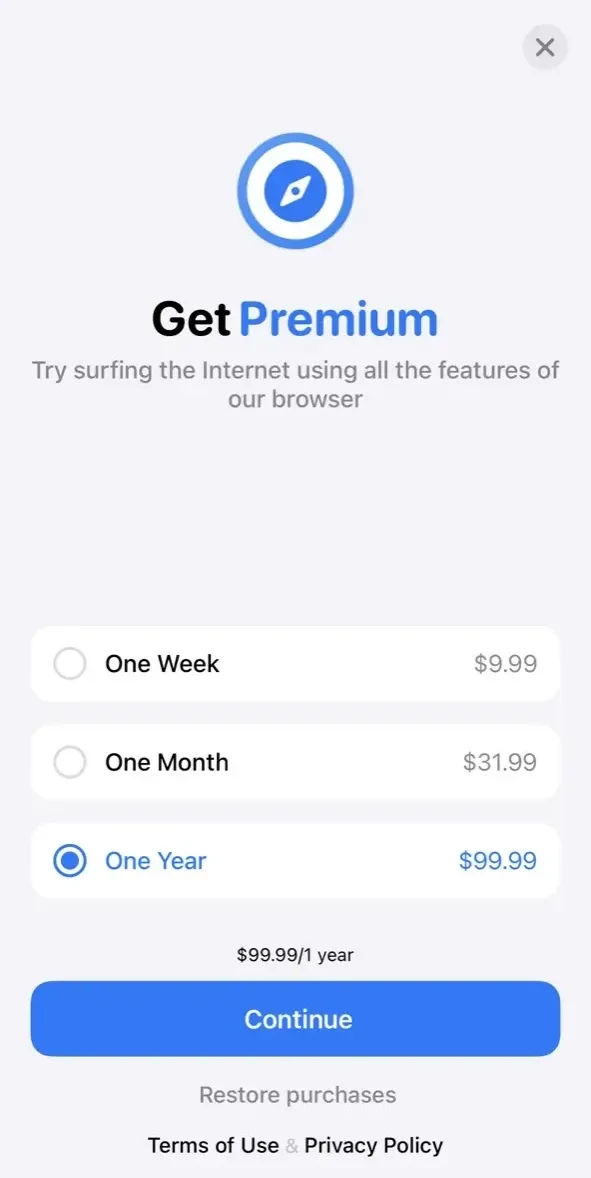 Amigo Browser paywall screen