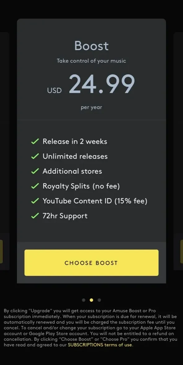 Amuse Music Distribution paywall screen