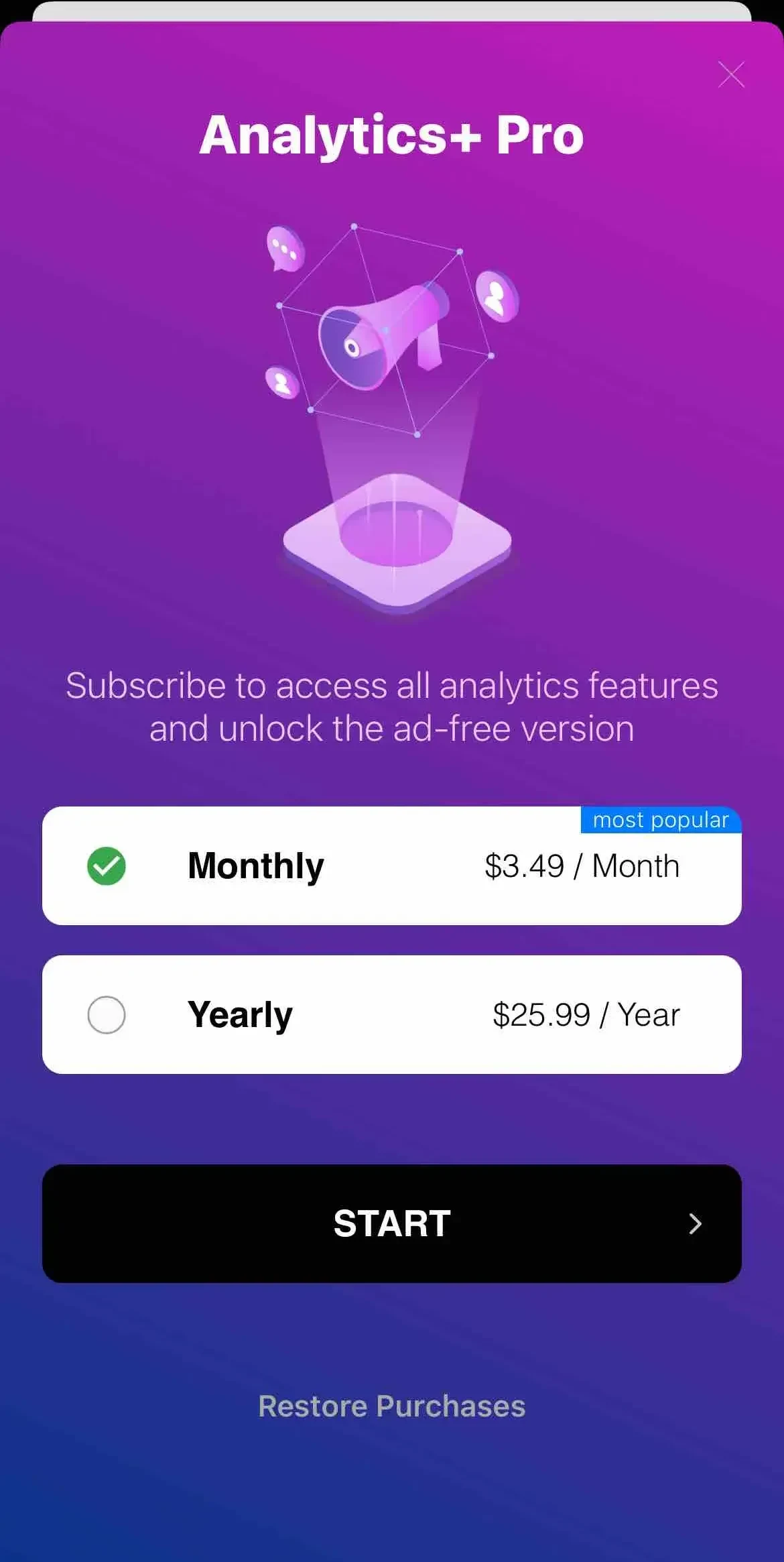 Analytics Reports+ paywall screen