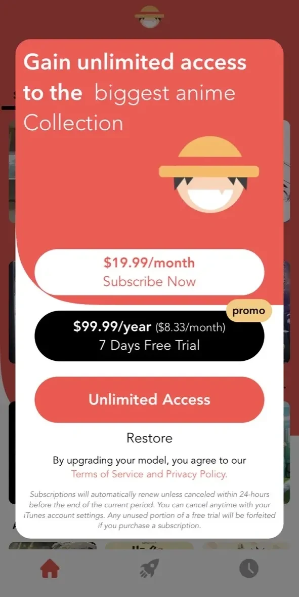 Anime TV paywall screen