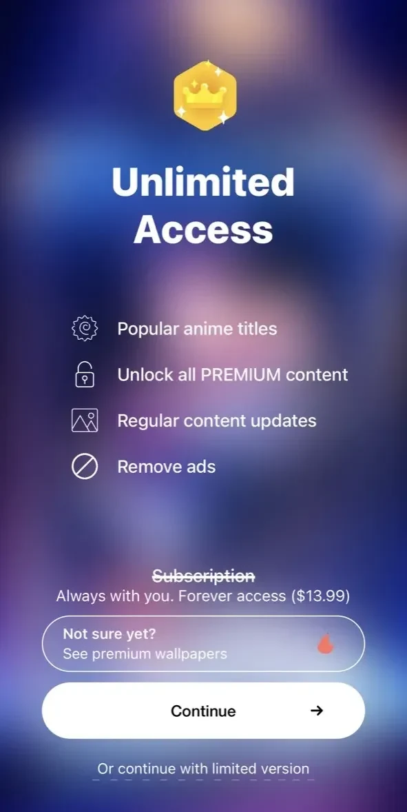 Anime & Wallpaper paywall screen