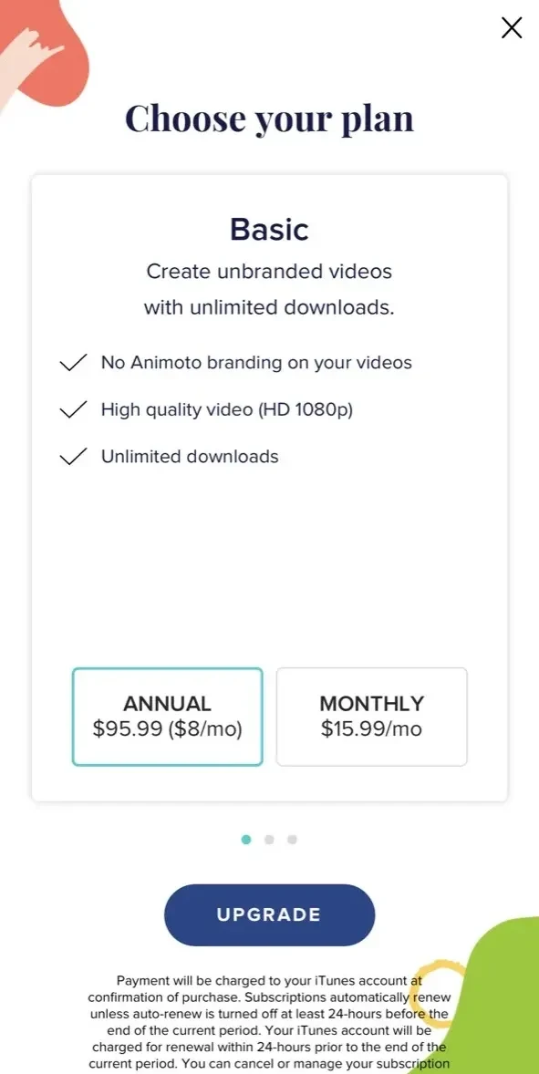 Animoto: Video paywall screen