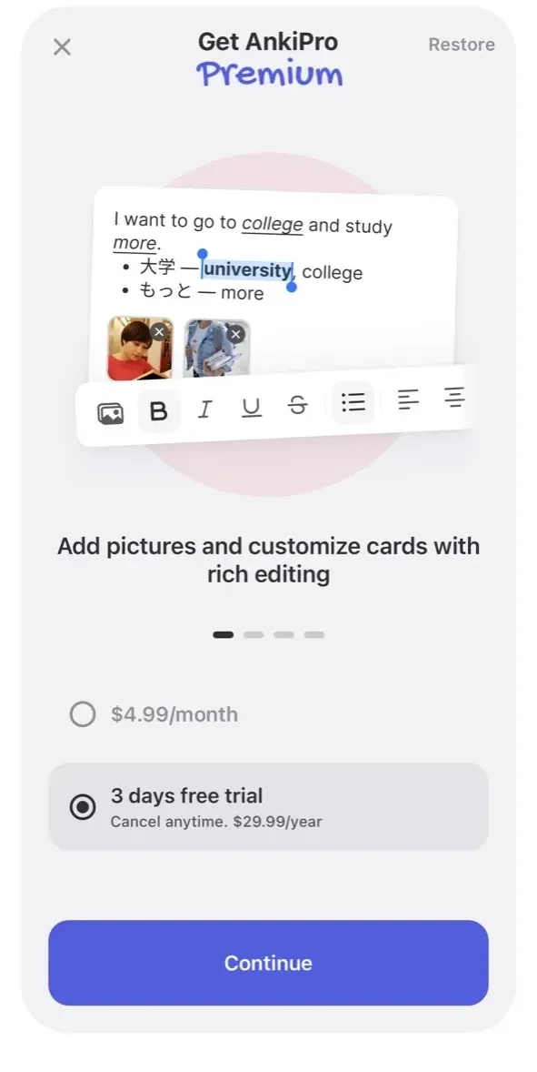Anki Pro paywall screen