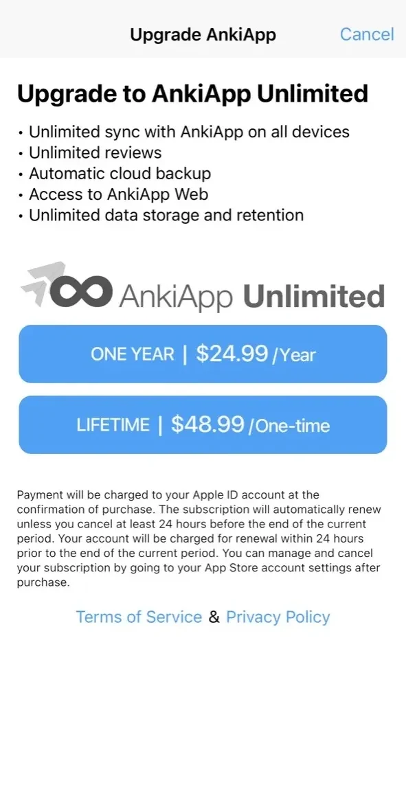 AnkiApp Flashcards paywall screen