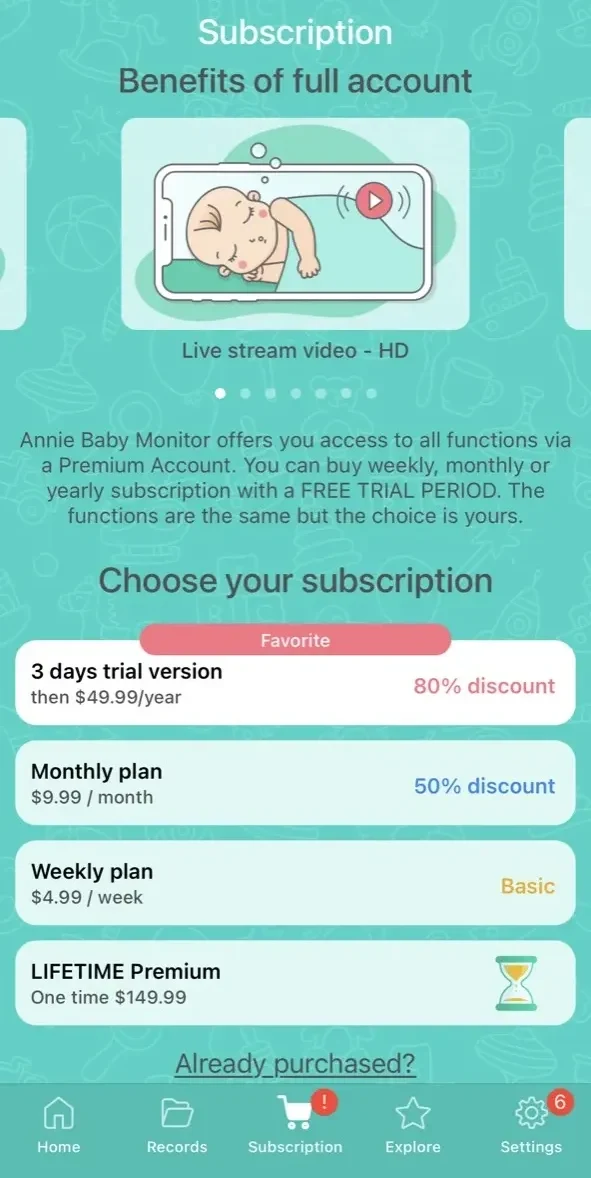 Annie Baby Monitor paywall screen