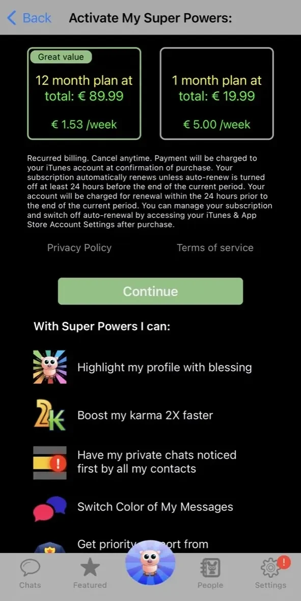 Anonymous Chat Rooms paywall screen