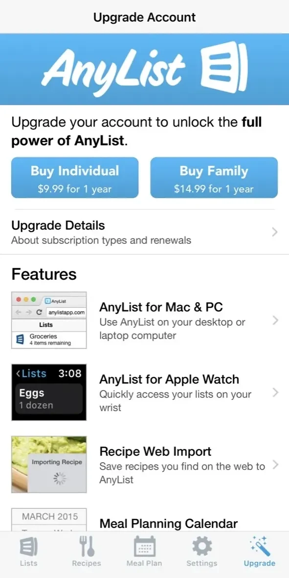 AnyList paywall screen