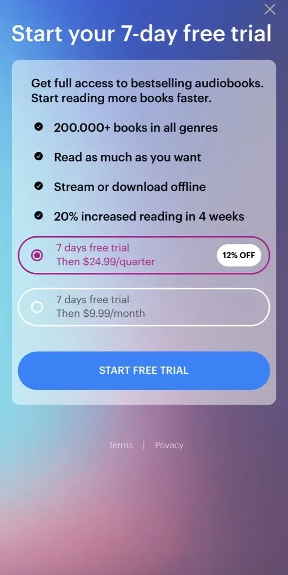 Anyplay Audio books paywall screen
