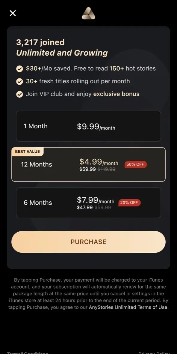 AnyStories paywall screen