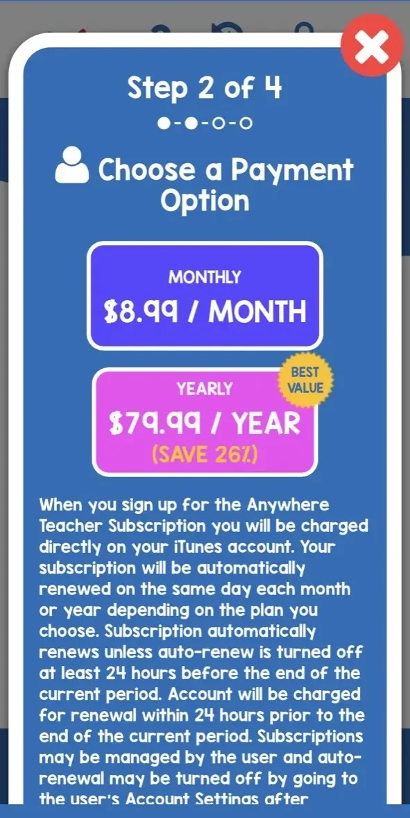 Anywhere Teacher paywall screen
