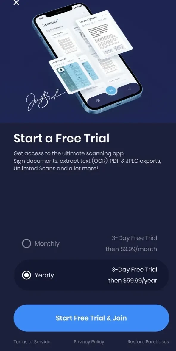 App paywall screen