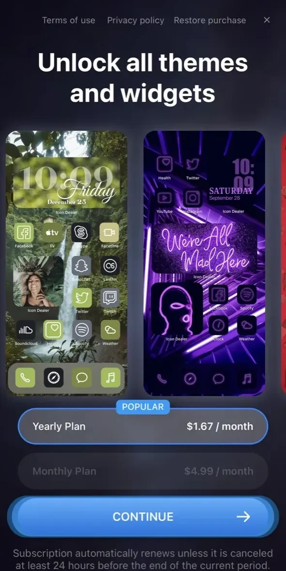 Icon Themepack paywall screen