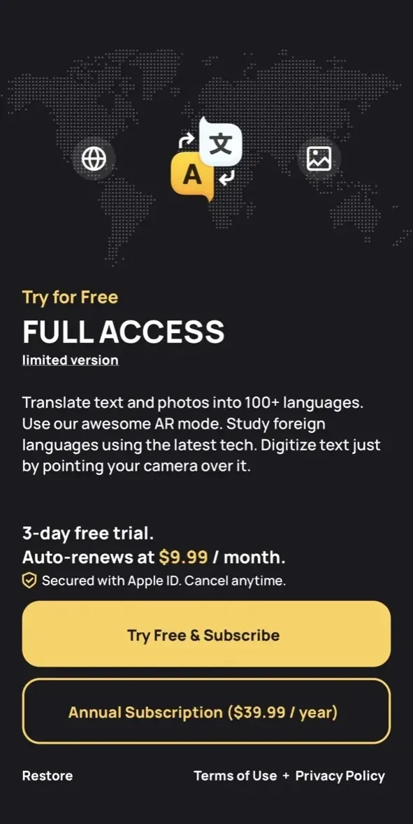 AR Translator paywall screen