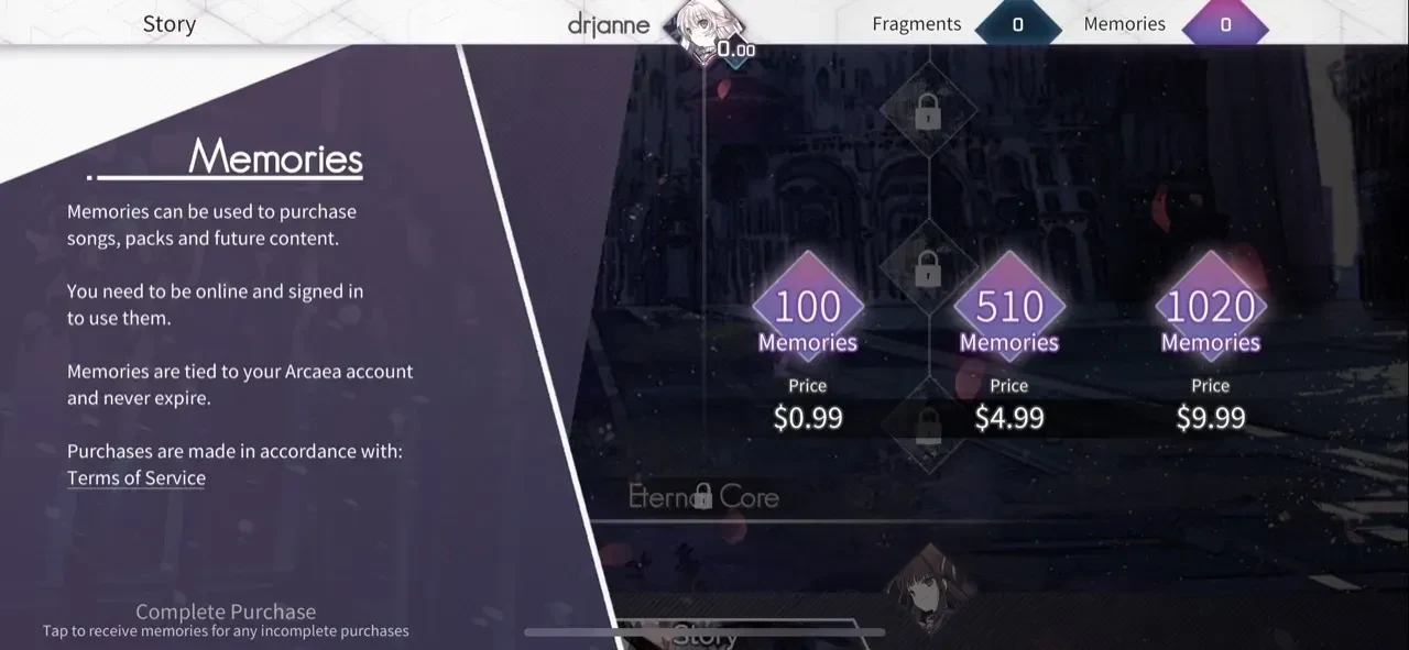 Arcaea paywall screen