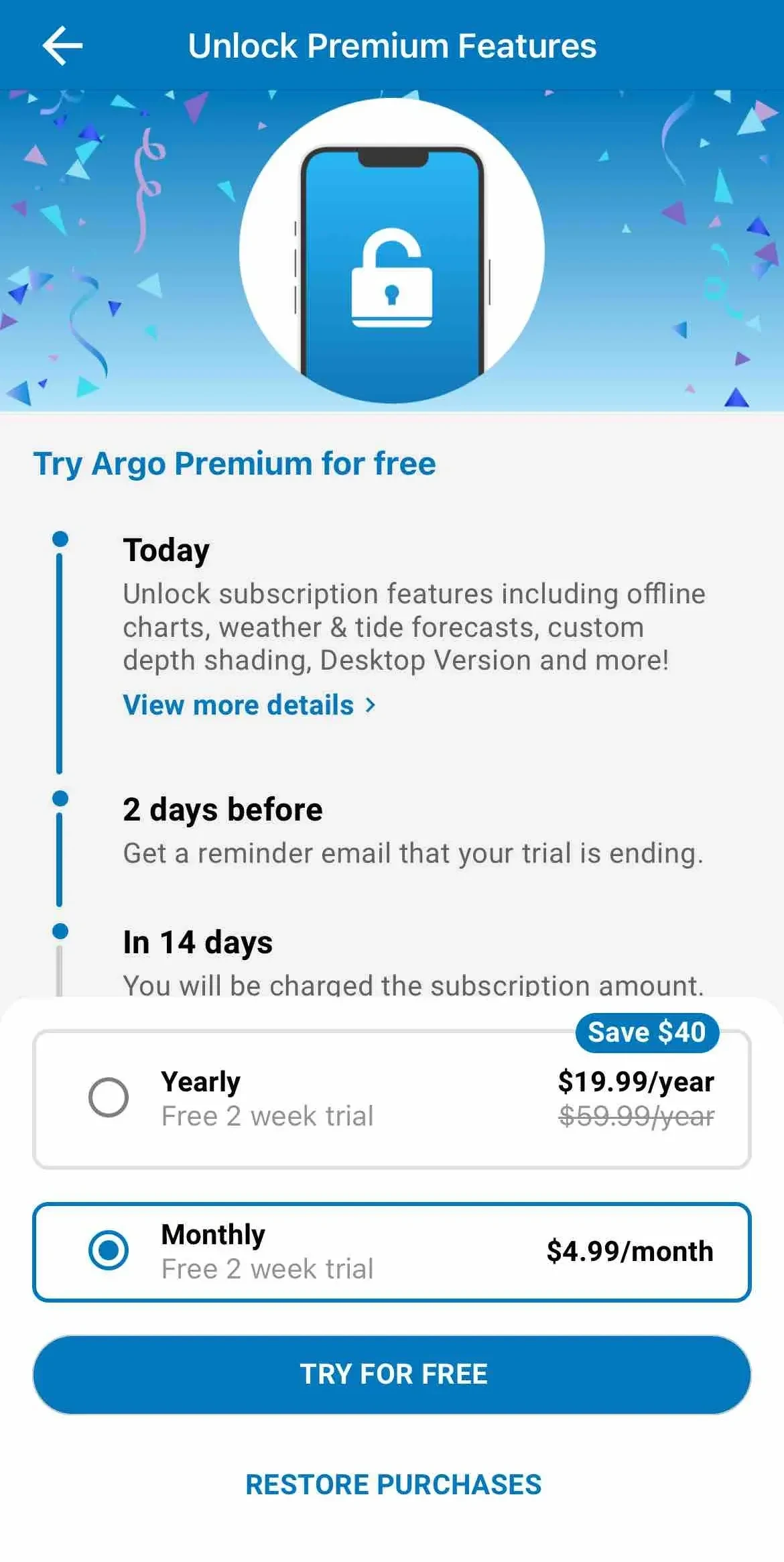 Argo paywall screen