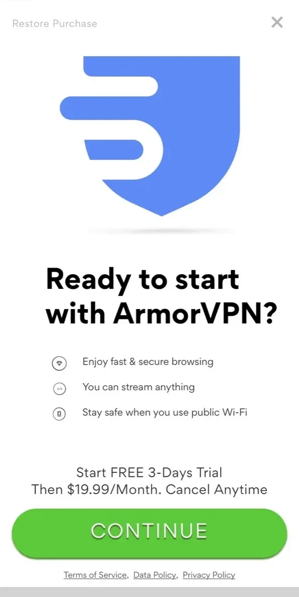 Armor VPN paywall screen