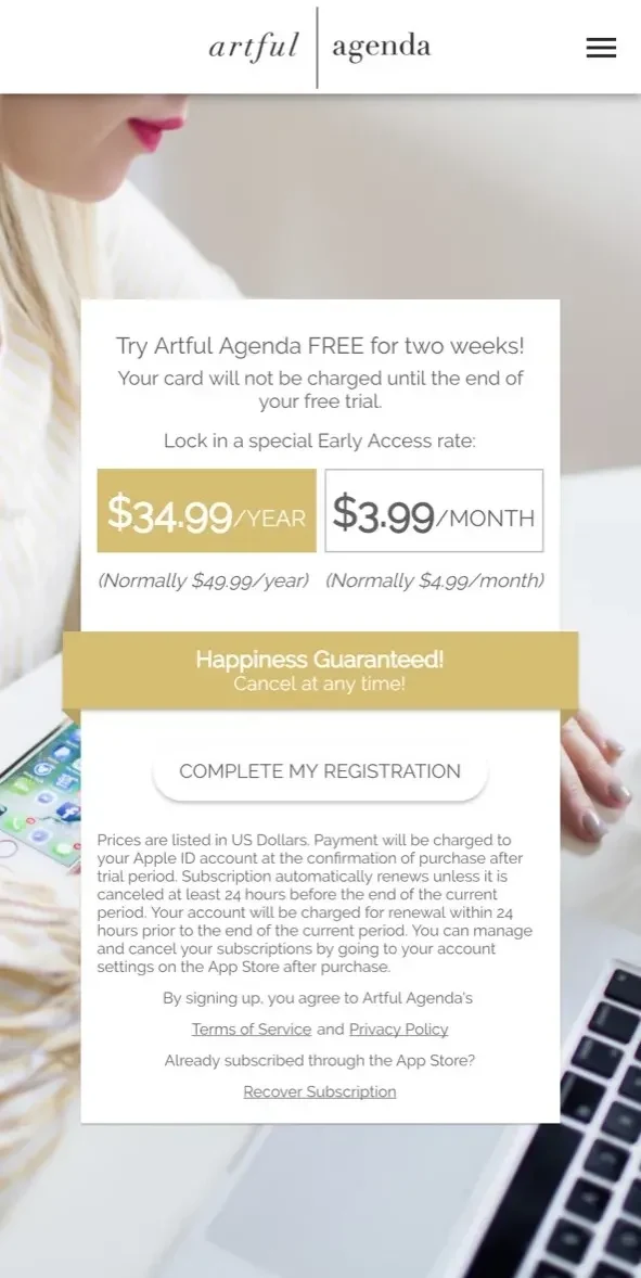 Artful Agenda paywall screen