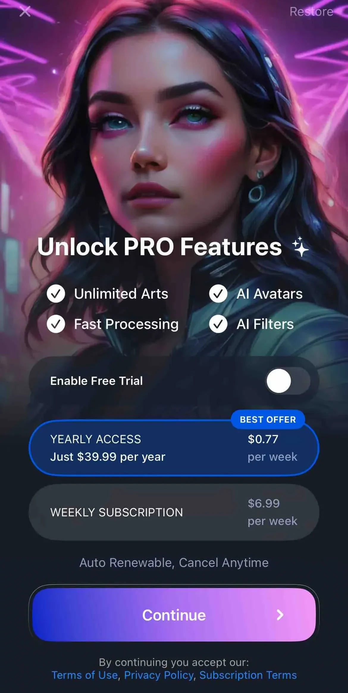 Artica paywall screen
