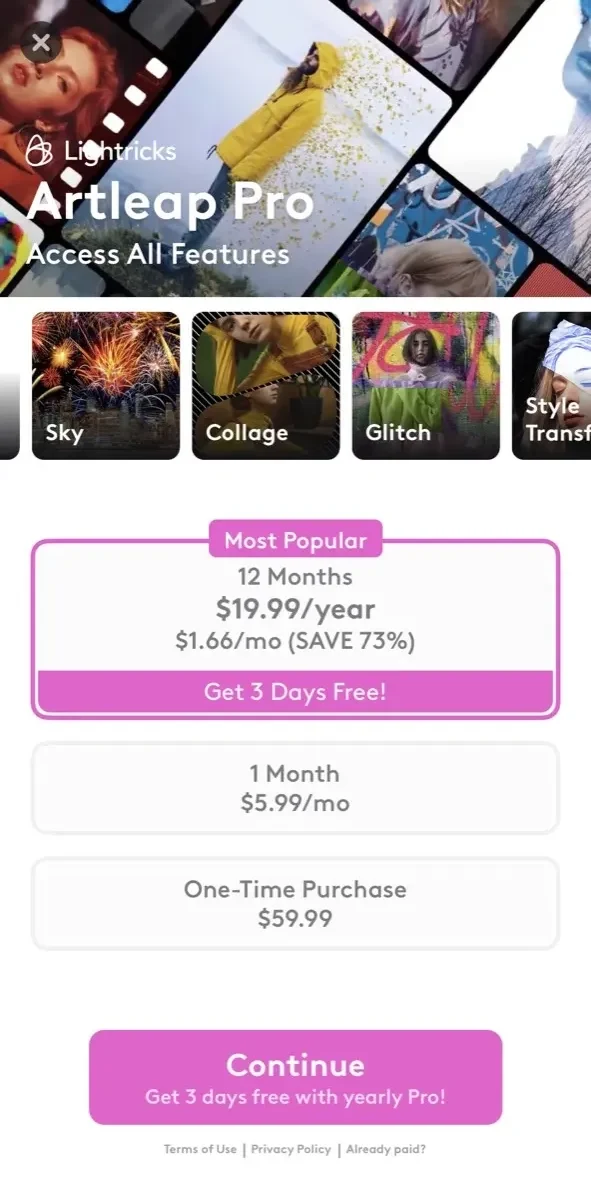 Artleap paywall screen