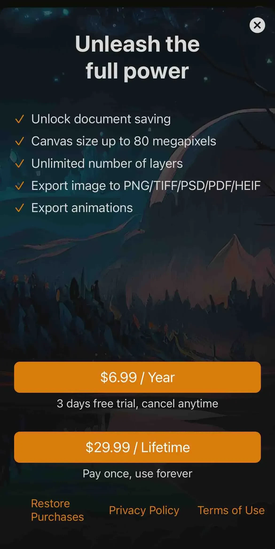 Artstudio Pro paywall screen