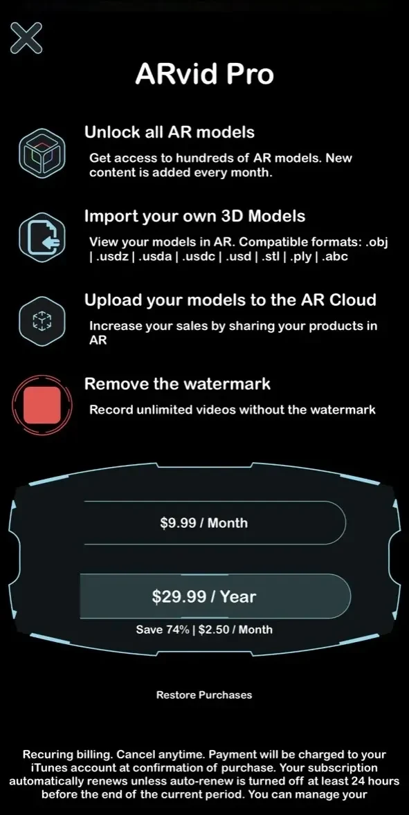 ARvid Augmented Reality paywall screen