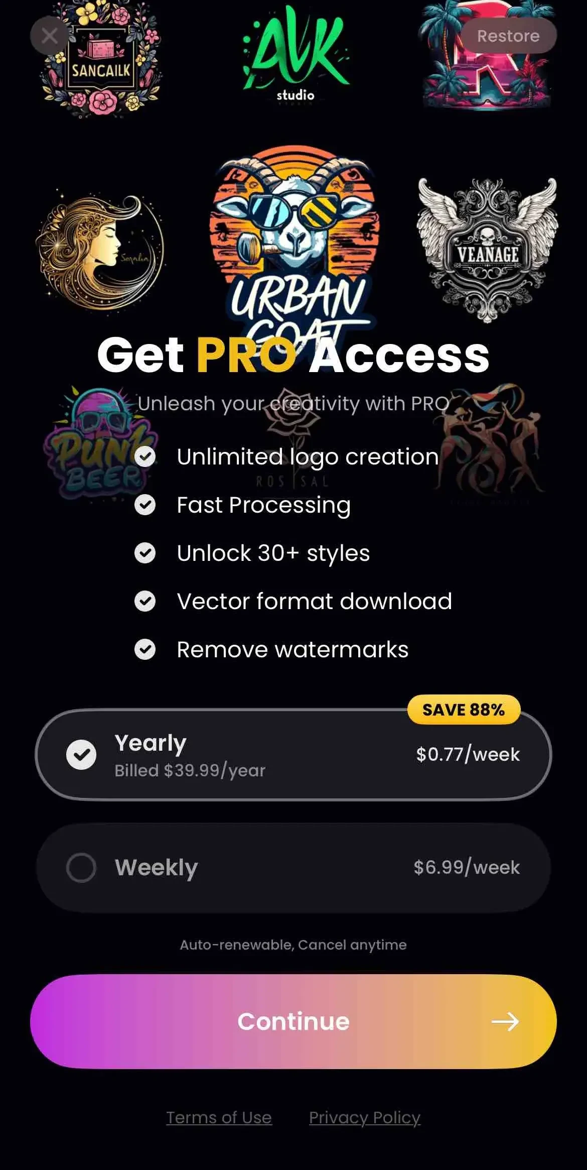 Arvin® paywall screen