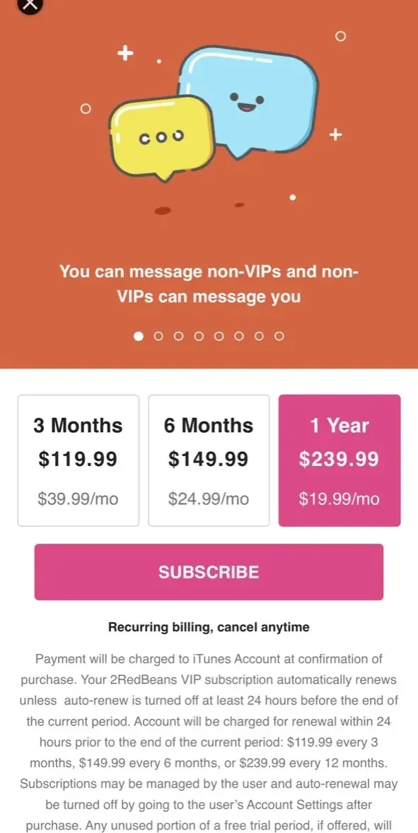2RedBeans两颗红豆 Asian dating app paywall screen