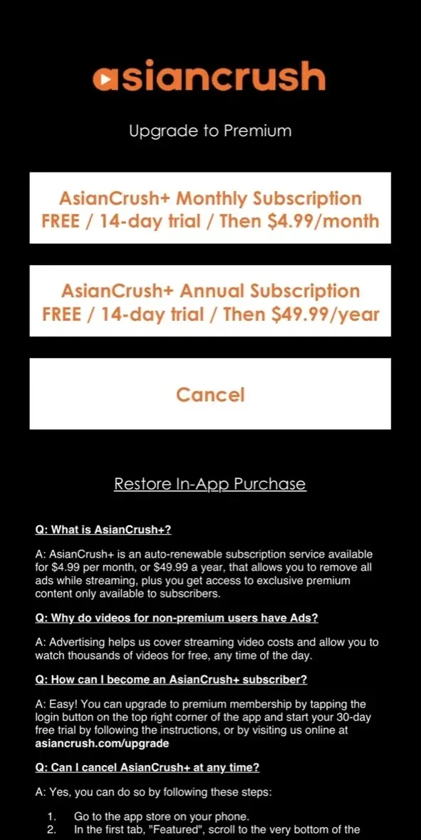 AsianCrush paywall screen