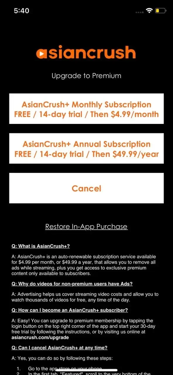 AsianCrush paywall screen