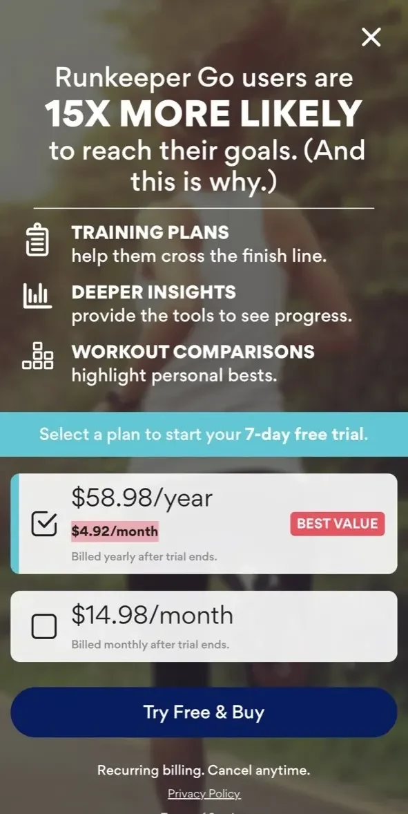 ASICS Runkeeper paywall screen