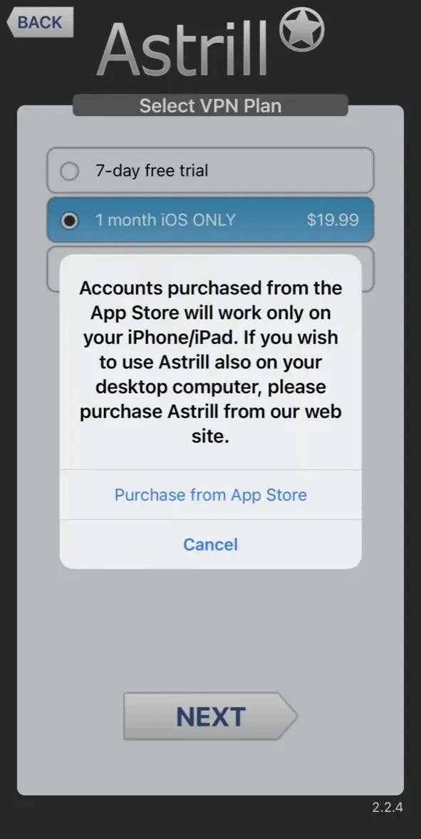 Astrill VPN Client paywall screen