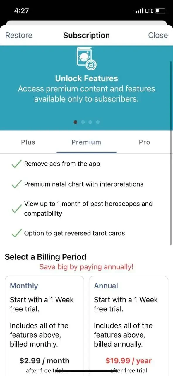Astrolis Horoscopes paywall screen