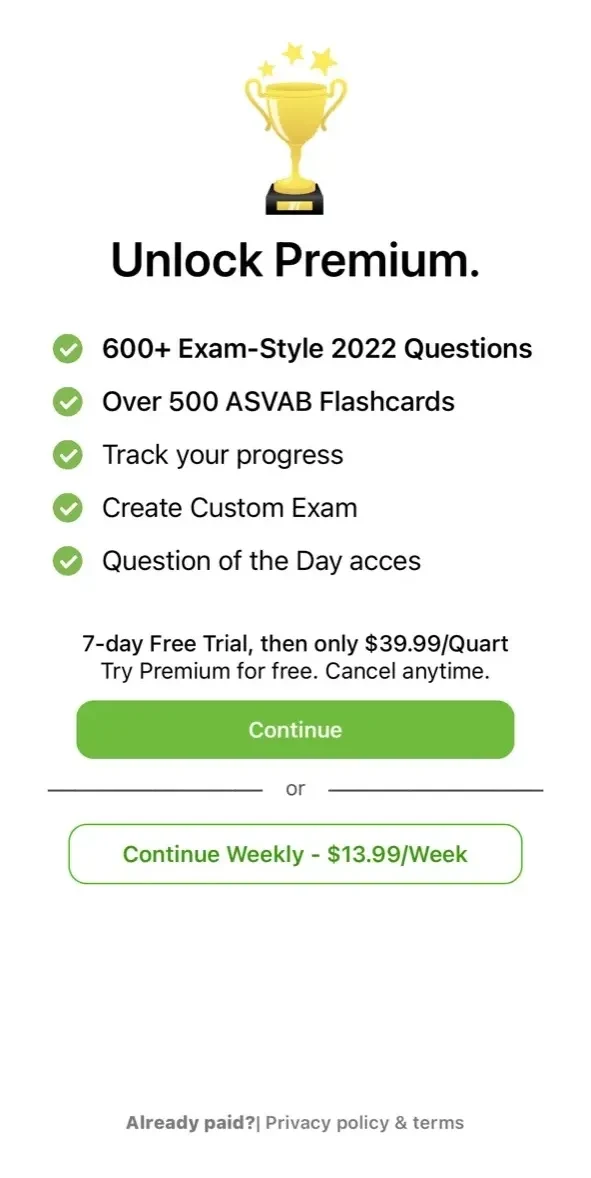 ASVAB Exam Prep 2024 paywall screen