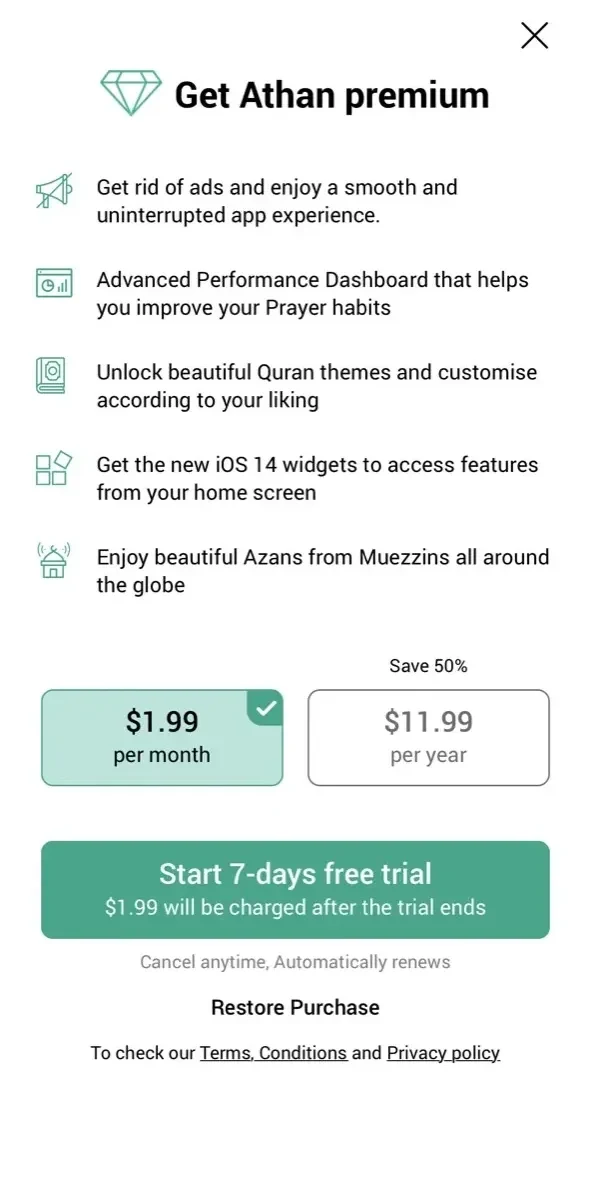 Athan paywall screen