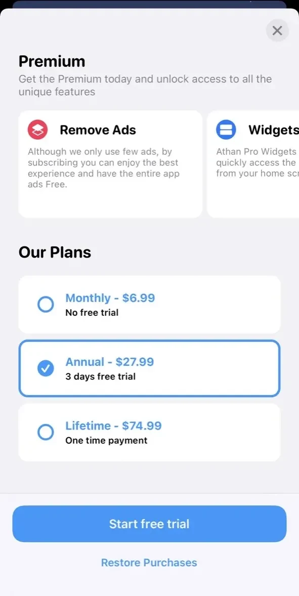 Athan Pro paywall screen