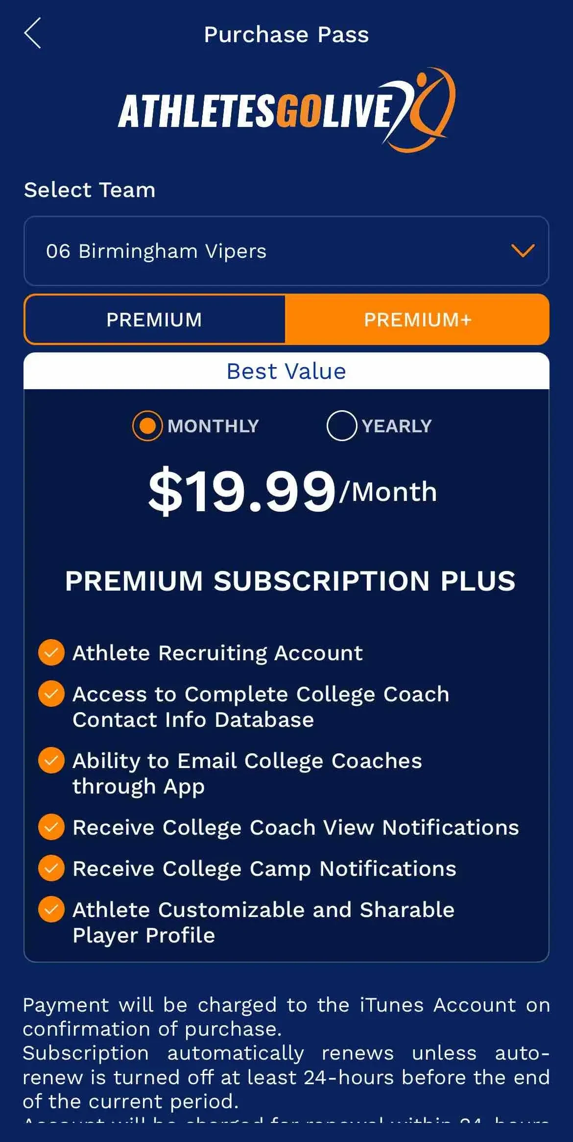 AthletesGoLive paywall screen