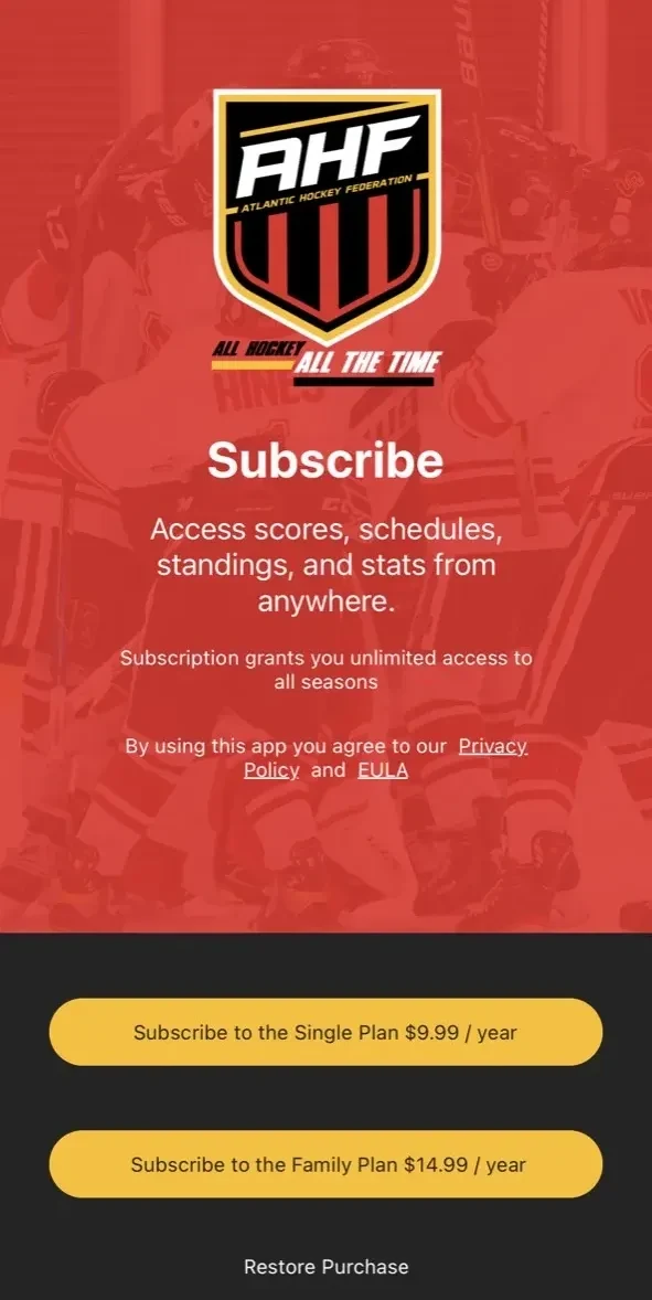 Atlantic Hockey Federation paywall screen